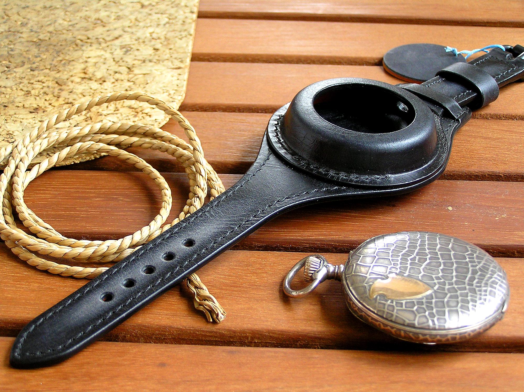 Handmade Black Leather Pocket Watch Strap: Military Style, 48-54mm