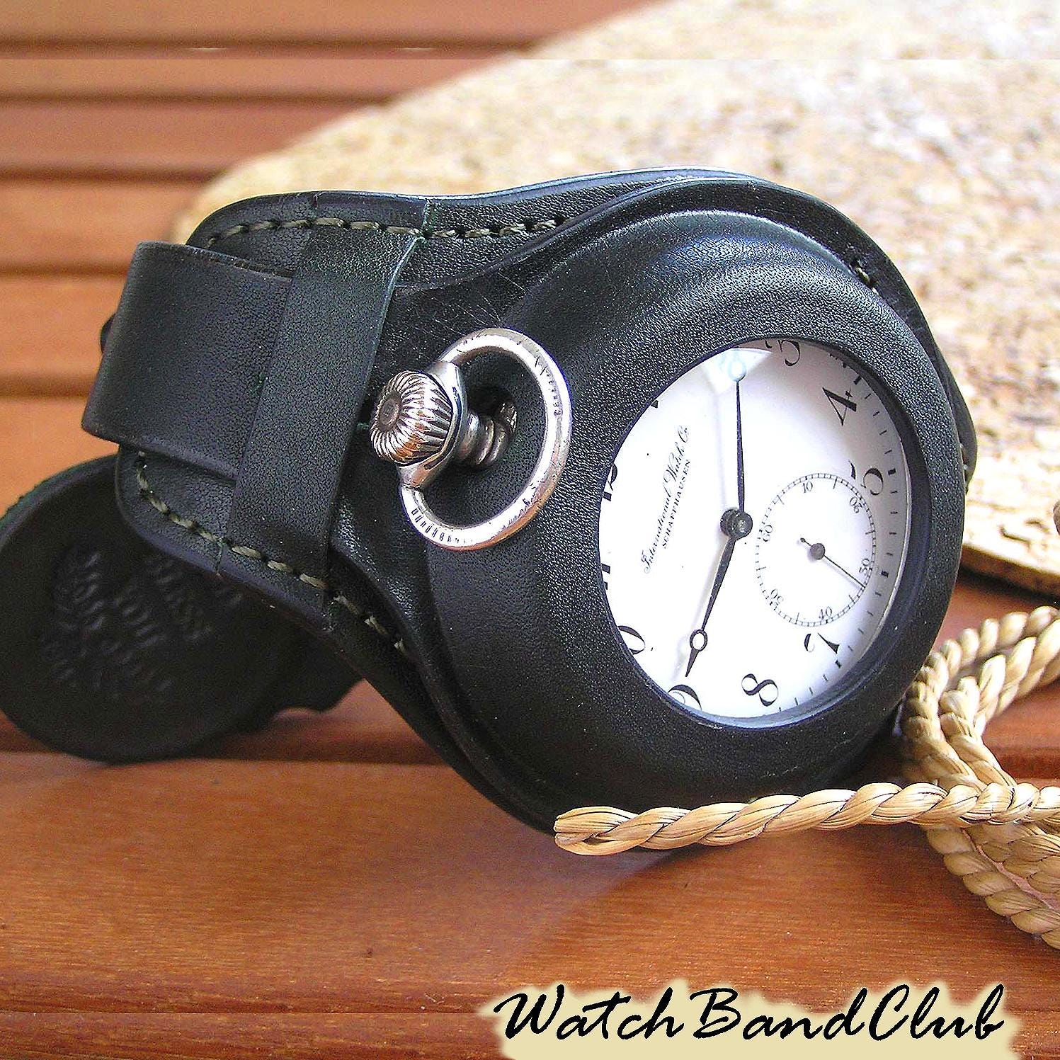 Handmade Black Leather Pocket Watch Strap: Military Style, 48-54mm