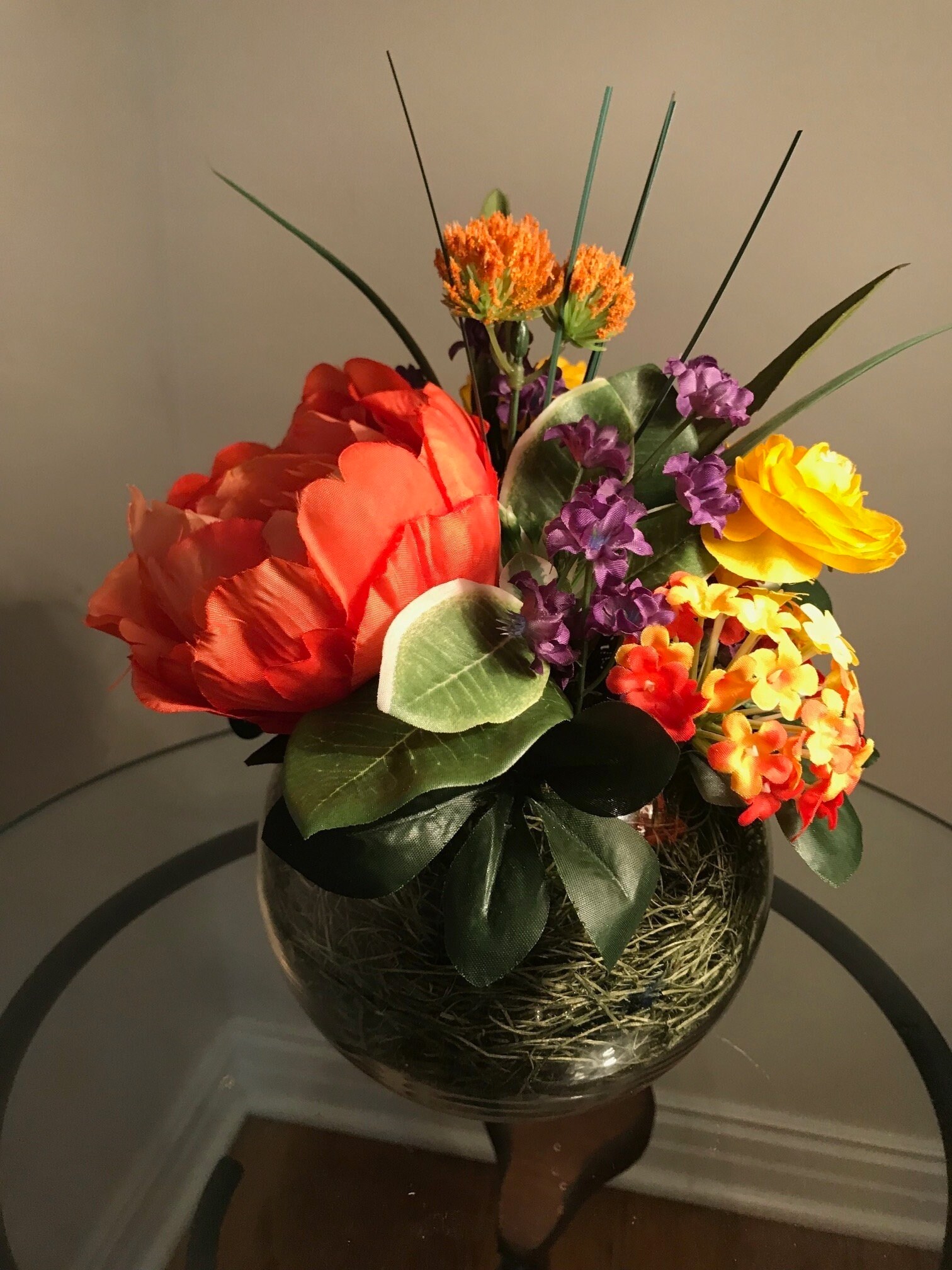 Orange purple and yellow silk flowers in round glass vase Etsy