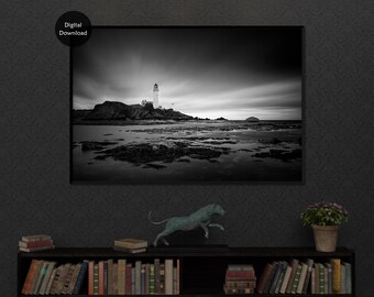 Lighthouse Printable Wall Art, Scottish Printable Decor, Black and White Fine Art Photography, Scottish Seaside Print, Home Office Decor