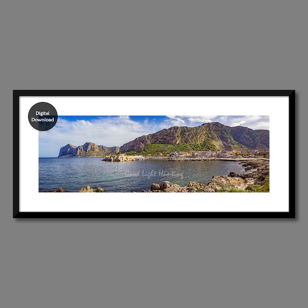 Isola delle Femmine Panorama, Printable Photograph, Palermo, Sicily, Sicilian, Italian, Panoramic Wall Art, Home, Office, Restaurant Decor