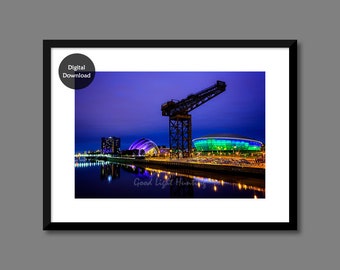 Glasgow en la fotografía imprimible de la noche, arte imprimible de Escocia, bellas artes imprimible, impresión de la ciudad de Glasgow, arte de la pared escocés