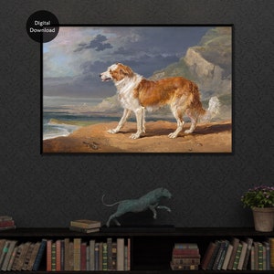 Printable Vintage Dog Painting, Gift for Dog Lover, Antique Collie Dog Wall Art, Rough Collie Print, Instant Download