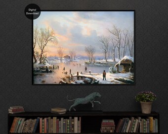 Vintage Winter Oil Painting, Printable Wall Art, Antique Winter Holiday Wall Decor, Frozen Lake Landscape Print, Download and Print