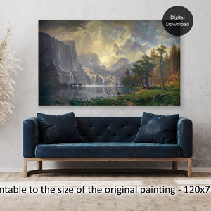 Puede incluir: Una descarga digital de una pintura que representa una escena serena de un lago de monta&ntilde;a con un cielo dram&aacute;tico, &aacute;rboles exuberantes y una peque&ntilde;a manada de ciervos en primer plano. La pintura se puede imprimir al tama&ntilde;o de la pintura original - 120x72 pulgadas.