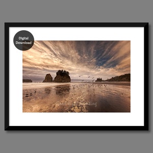 May include: A scenic photograph of a rocky beach with a dramatic sky. The sky is filled with clouds that appear to be moving quickly, creating a sense of motion. The beach is covered in sand and water, and there are a few birds flying in the sky.