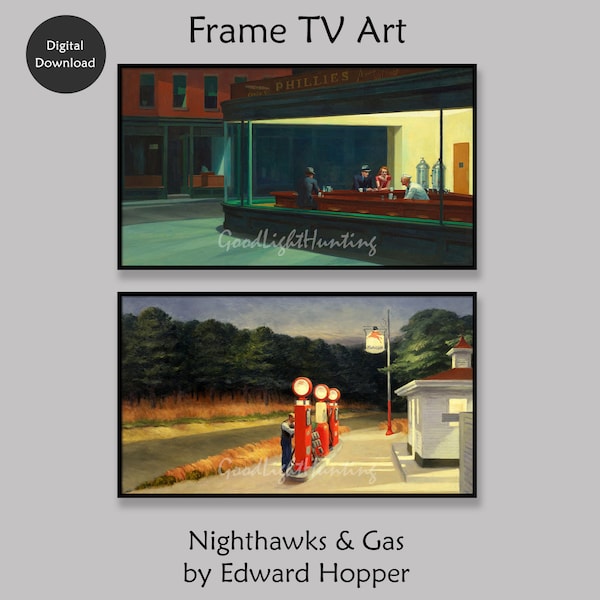 Ensemble d'illustrations Samsung Frame TV par Edward Hopper, Nighthawks & Gas, téléchargement numérique instantané pour Frame TV