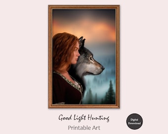Girl and Wolf Art Print, Dark Academia Cottagecore Decor (Digital Download)