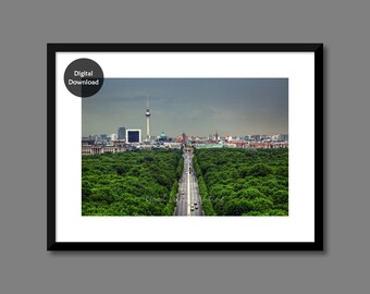 May include: An aerial view of a city skyline with a tall tower in the distance. A wide road lined with trees leads to the city. The sky is overcast and gray.