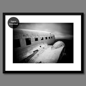 FlugzeugWrack in Island, Solheimasandur druckbare Fotografie, schwarz und weiß Fotografie, isländisch edruckbare Geschenk, abgestürztFlugzeug in Island