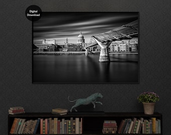 London Printable Wall Art, Millennium Bridge, Black and White Fine Art Photography, London Gift for Home