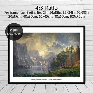 Puede incluir: Una descarga digital de una pintura que representa una cordillera con un lago en primer plano. La pintura se titula "Among the Sierra Nevada - Albert Bierstadt 1868".