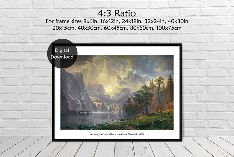 Puede incluir: Una descarga digital de una pintura que representa una cordillera con un lago en primer plano. La pintura se titula "Among the Sierra Nevada - Albert Bierstadt 1868".