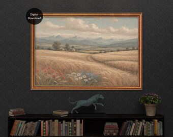 Vintage Spring Landscape Printable Wall Art, Neutral Rustic Farmhouse Print, Muted Colours