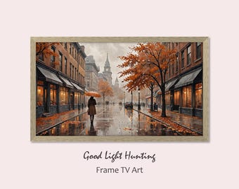 Moody Autumn City Street Frame TV Art, Vintage Urban Landscape Painting (Digital Download)