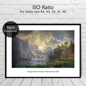 Puede incluir: Una descarga digital de una pintura que representa un paisaje monta&ntilde;oso con un lago en primer plano. La pintura se titula "Among the Sierra Nevada - Albert Bierstadt 1868".