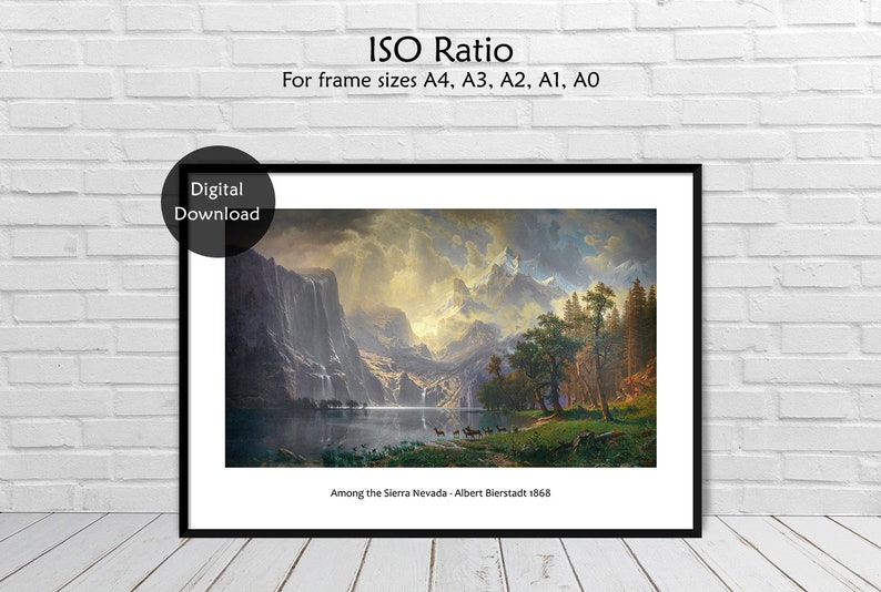 Puede incluir: Una descarga digital de una pintura que representa un paisaje monta&ntilde;oso con un lago en primer plano. La pintura se titula "Among the Sierra Nevada - Albert Bierstadt 1868".