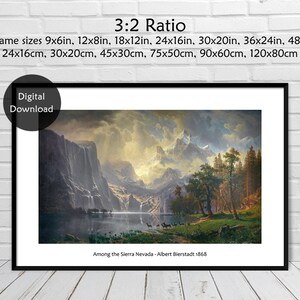 Puede incluir: Una descarga digital de una pintura que representa un paisaje de monta&ntilde;a con un lago en primer plano. La pintura se titula "Among the Sierra Nevada" de Albert Bierstadt, 1868.