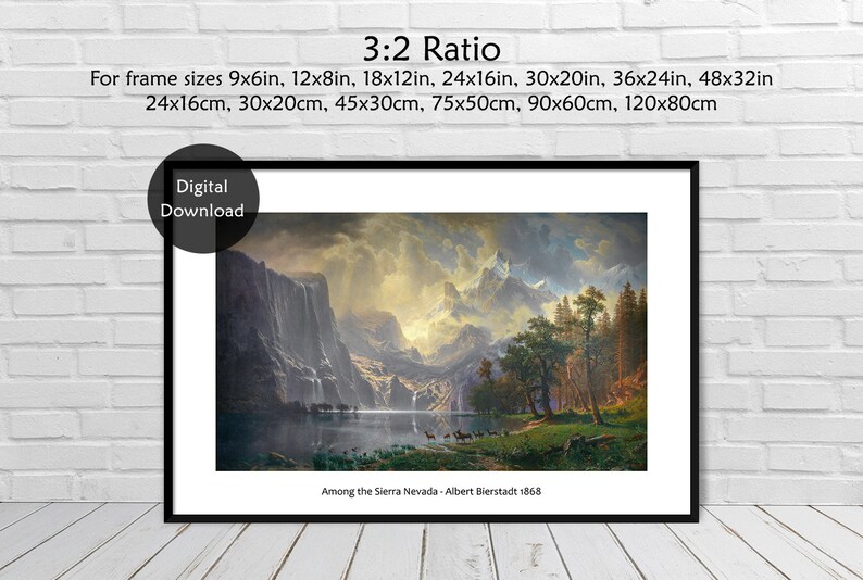 Puede incluir: Una descarga digital de una pintura que representa un paisaje de monta&ntilde;a con un lago en primer plano. La pintura se titula "Among the Sierra Nevada" de Albert Bierstadt, 1868.