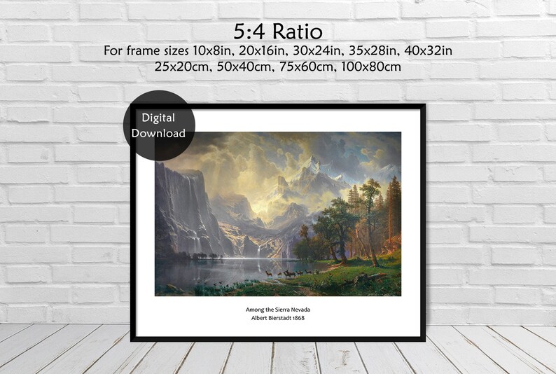 Puede incluir: Una descarga digital de una pintura titulada "Among the Sierra Nevada" de Albert Bierstadt, 1868. La pintura representa un paisaje monta&ntilde;oso con un lago, &aacute;rboles y una cascada. La pintura est&aacute; enmarcada en un marco negro.