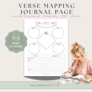 May include: A printable verse mapping journal page with a layout for Bible study. The page includes sections for the main verse, context, and application. The text on the page includes "Verse Mapping Journal Page" and "Print at Home".