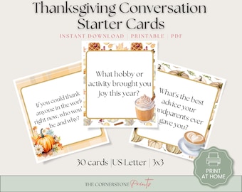 May include: Thanksgiving Conversation Starter Cards with three cards featuring conversation prompts. The cards have a fall theme with pumpkins, leaves, and a coffee cup. The cards are labeled "30 cards US Letter | 3x3".