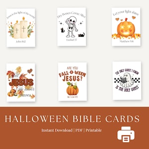 Cartões com versículos bíblicos cristãos de Halloween, etiquetas de sacolas cristãs de Halloween, folhetos de doces cristãos de gostosuras ou travessuras, cartões do festival da colheita de outono