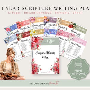 May include: A 1-Year Scripture Writing Plan with 12 pages, available for instant download as a printable eBook. The cover features floral designs and the text "Scripture Writing Plan." Additional pages are displayed with floral accents and monthly themes.