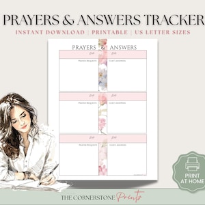 May include: A printable "Prayers & Answers Tracker" in US Letter sizes. The design features a pink and white layout with floral accents. The text includes "Prayers & Answers" and "Instant Download | Printable". A woman is shown writing in a notebook.
