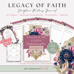 May include: A spiral-bound Legacy of Faith scripture writing journal with 45 pages, featuring floral illustrations in pink and dark blue. The cover displays the title and a 21-day journey to intentional motherhood. Includes bonus verse mapping pages and printable sheets with daily scripture prompts.