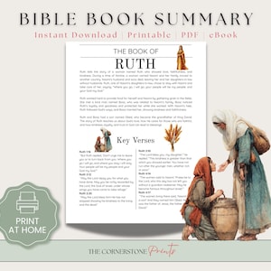 May include: A printable PDF eBook titled "Bible Book Summary" featuring a summary of the Book of Ruth. The image includes illustrations of women and text with key verses. The design is in soft colors with the text "Print at Home".