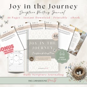 Könnte beinhalten: Ein 46-seitiges Joy in the Journey Scripture Writing Journal als druckbares eBook mit spiralgebundenem Einband, Damastmuster, Schmetterlingsillustrationen und einem Vogelnest. Enthält tägliche Schriftstellen-Seiten, ein Bonusblatt und Text.