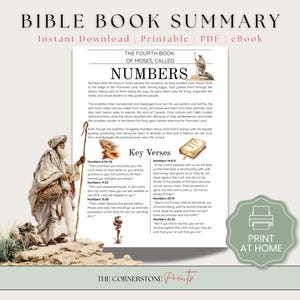 May include: A printable PDF titled "Bible Book Summary" with the text "Numbers" and an illustration of a biblical figure. The design includes key verses and the phrase "Print at Home."