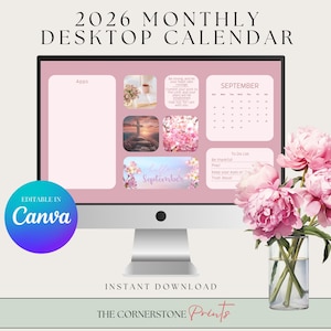 Digital Desktop Wallpaper, Wallpaper for Desktop, Computer Background, Screensaver, Desktop Organizer, 12 month calendar, editable in Canva