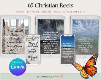 65 Christian Faceless Reels, Scripture Videos for Instagram & Tiktok (Digital Download, Canva Edit)