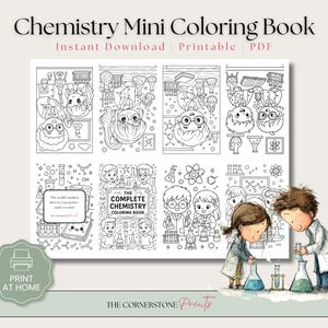Könnte beinhalten: Ein schwarz-weißes, druckbares Malbuch mit dem Titel "Chemistry Mini Coloring Book". Das Buch enthält Illustrationen zum Thema Chemie, darunter Bechergläser, Moleküle und Zeichentrickfiguren. Die Wörter "Instant Download", "Printable" und "PDF" sind ebenfalls sichtbar.