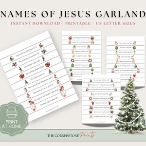 Könnte beinhalten: Ein druckbarer Weihnachtsgirlande mit dem Text "Names of Jesus Garland". Das Design umfasst dekorative Elemente wie Weihnachtsbäume, Geschenke und Schneemänner. Erhältlich in US Letter-Größe.