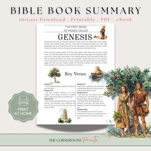 Puede incluir: Un resumen imprimible del libro de la Biblia "Génesis" con texto e ilustraciones. El documento incluye versículos clave y está disponible para descarga instantánea. La imagen también presenta una pegatina de "Imprimir en casa" y una ilustración de acuarela de una pareja.