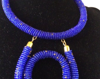 bolo necklace royal blue and gold necklace Long blue necklace blue beaded necklace with a brooch blue seed bead rope necklace for woman