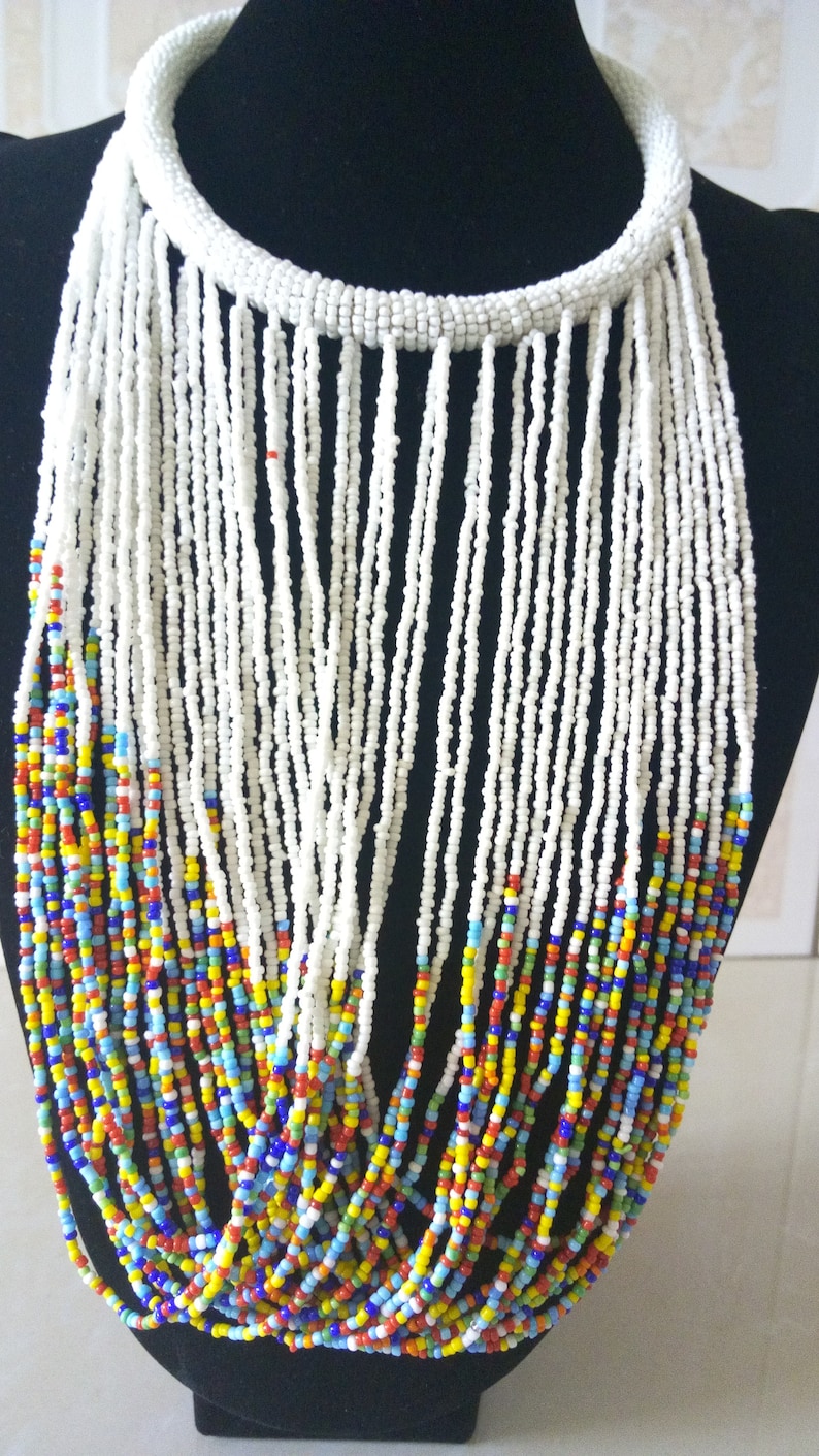 Tribal Jewelry Women Necklaces Mothers Gift African Beaded Jewelry ON SALE Multistrand Beaded Necklace White Beaded Necklace