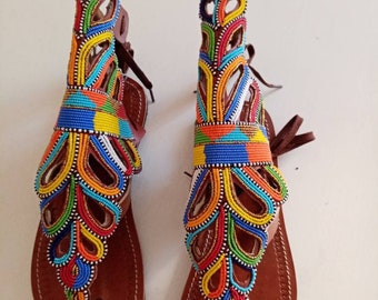 ON SALE Handmade Beaded Sandals, African leather Sandals, Women Shoes, Boho sandals, Summer sandals, Maasai sandals, Africa shoes, Shoes