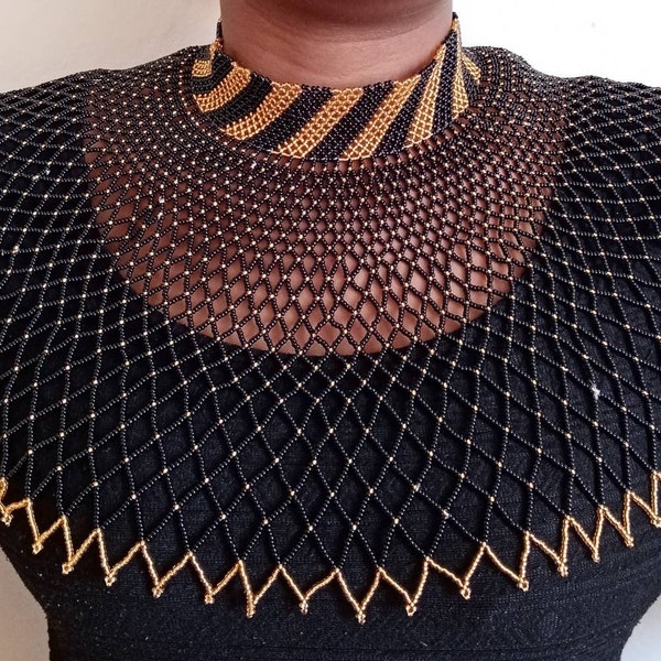 ON SALE Black and Gold African beaded necklace, Zulu necklace, Beaded shawl necklace, African jewelry, Masai necklace, Women necklace