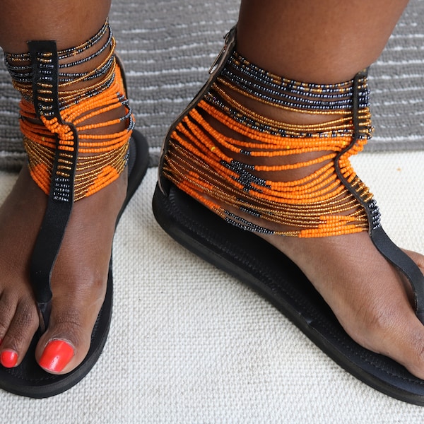 ON SALE Orange Handmade Beaded Sandals, African leather Sandals, Women Shoe, Boho sandal, Summer sandal, Maasai sandal, Africa shoes, Shoe
