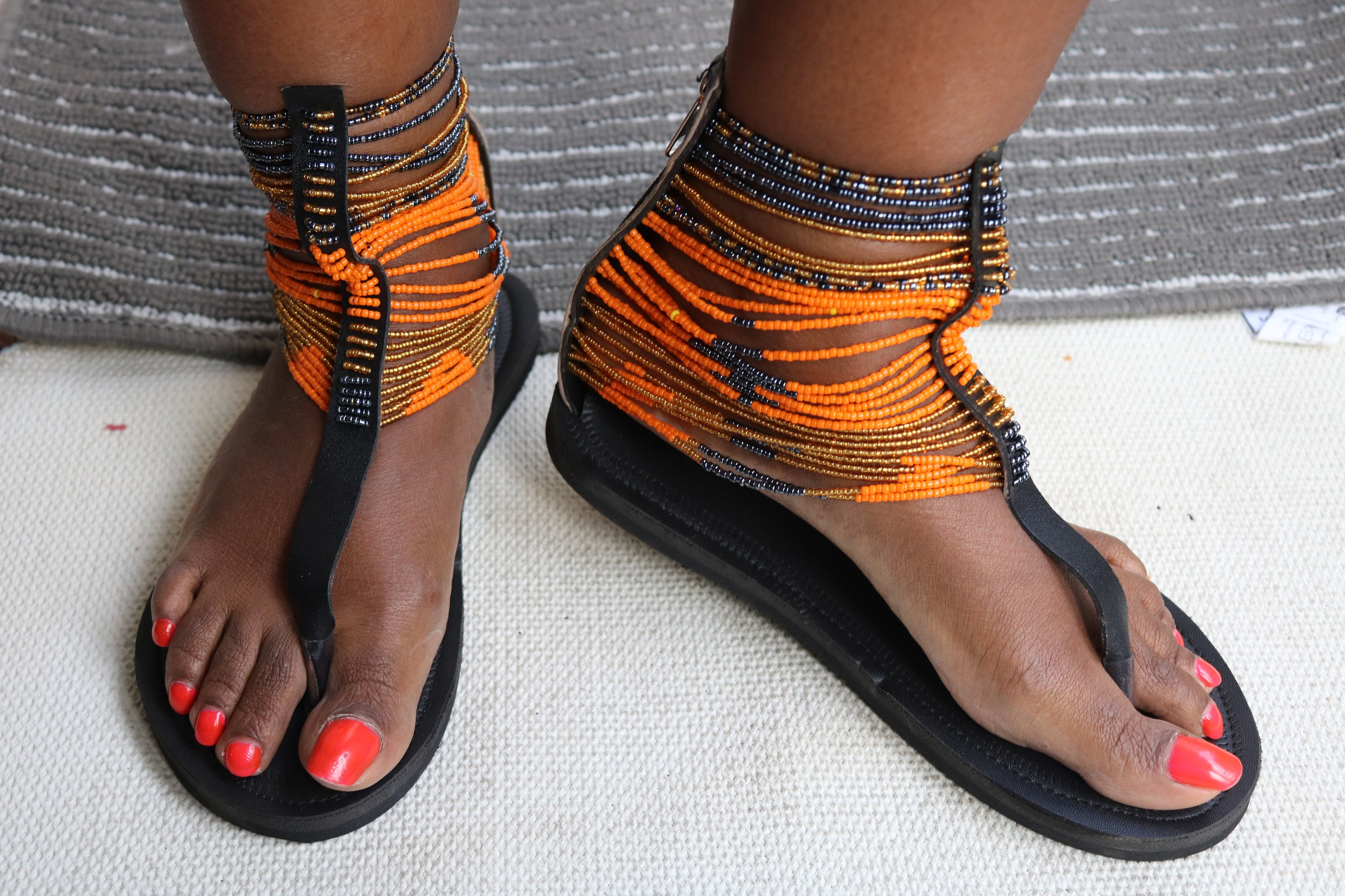 ON SALE Orange Handmade Beaded Sandals African Leather - Etsy