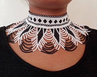 Black White African beaded necklace, Handmade, Zulu necklace, Beaded  shawl necklace, African jewelry, Masai necklace, Women necklace, Gift