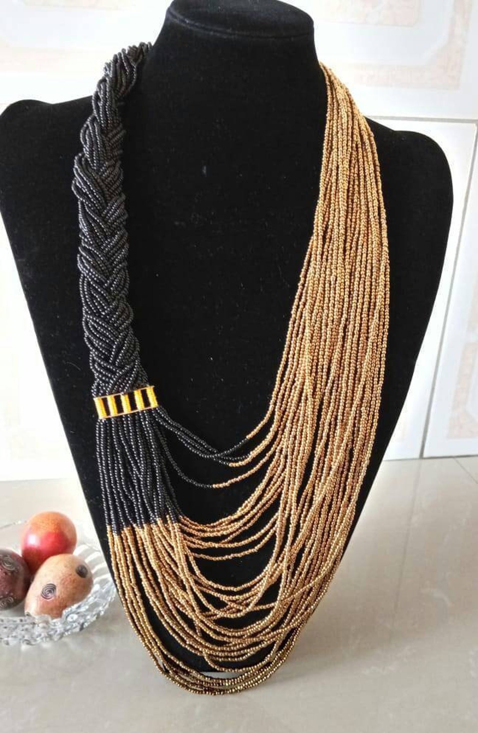 Collier Long Masai Africain – Perles Orange, Femme, Neuf Sans Boîte