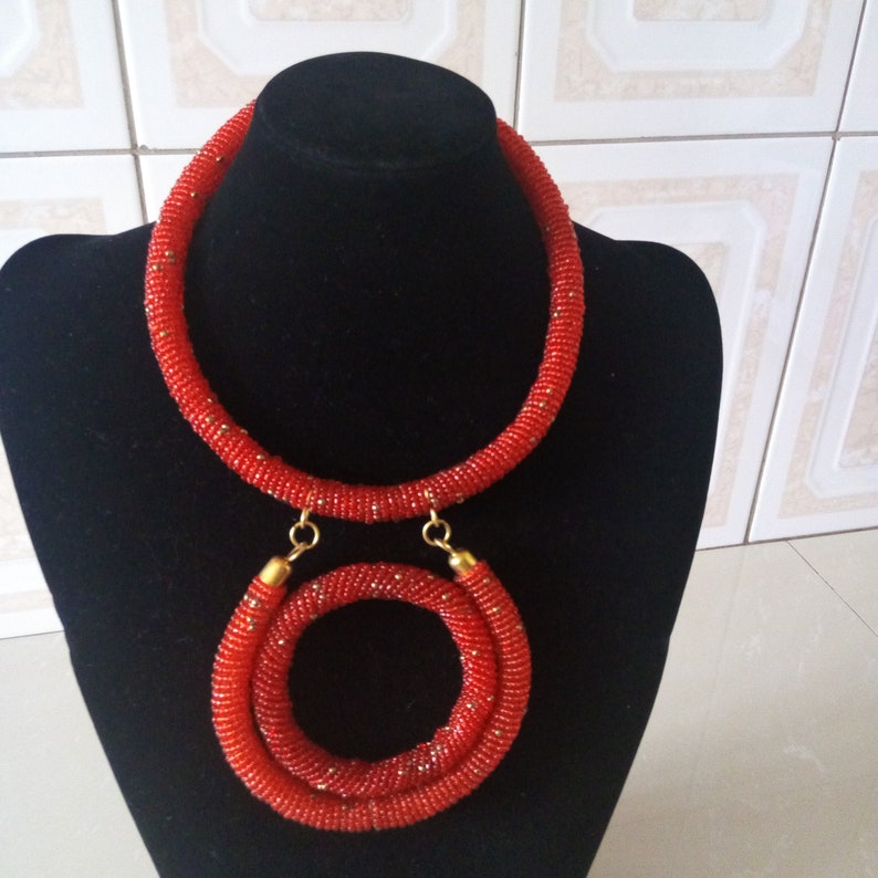 Gift Ideas ON SALE African Beaded Pendant Necklace Women Jewelry Boho Necklace Beaded Necklace African Red Jewelry Tribal Necklace