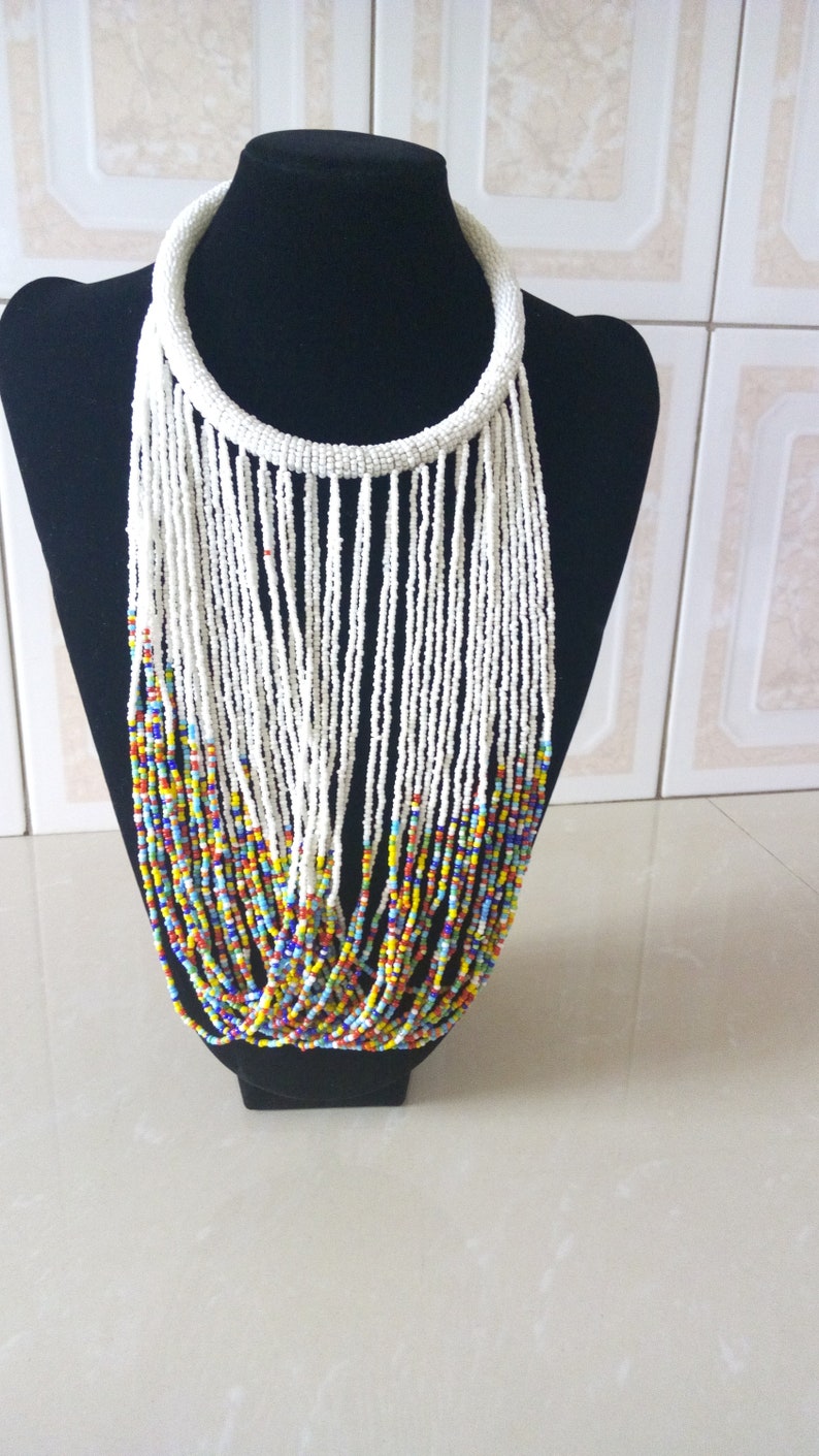 Tribal Jewelry Women Necklaces Mothers Gift African Beaded Jewelry ON SALE Multistrand Beaded Necklace White Beaded Necklace