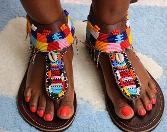 ON SALE African beaded summer leather sandals, Multicolored handmade sandals, Beaded African Sandals, Beach Sandals, Summer Shoes, Women