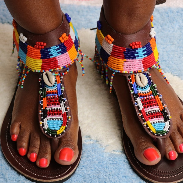 ON SALE African beaded summer leather sandals, Multicolored handmade sandals, Beaded African Sandals, Beach Sandals, Summer Shoes, Women